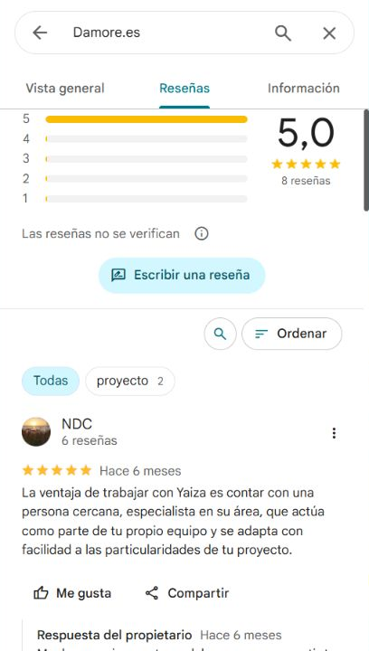 Captura de valoración pública de 5,0 sobre 5 y una reseña de Damore.es en Google